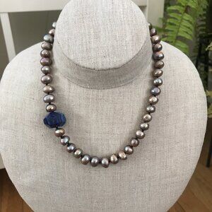 Golden real Pearl Necklace with Lapis Lazuli Nugget side bead
